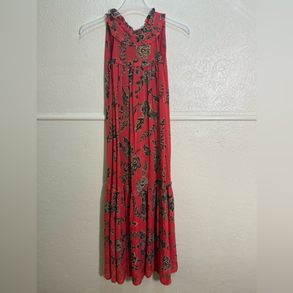 Bella Tu Gwynn Orange Floral Maxi Midi Dress Tie Halter Neck Pockets XS Flowy